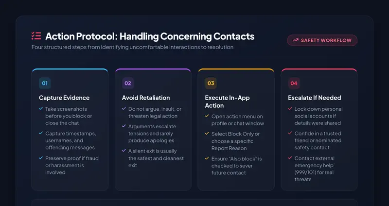Four-step action protocol showing Capture Evidence, Avoid Retaliation, Execute In-App Action, and Escalate If Needed.