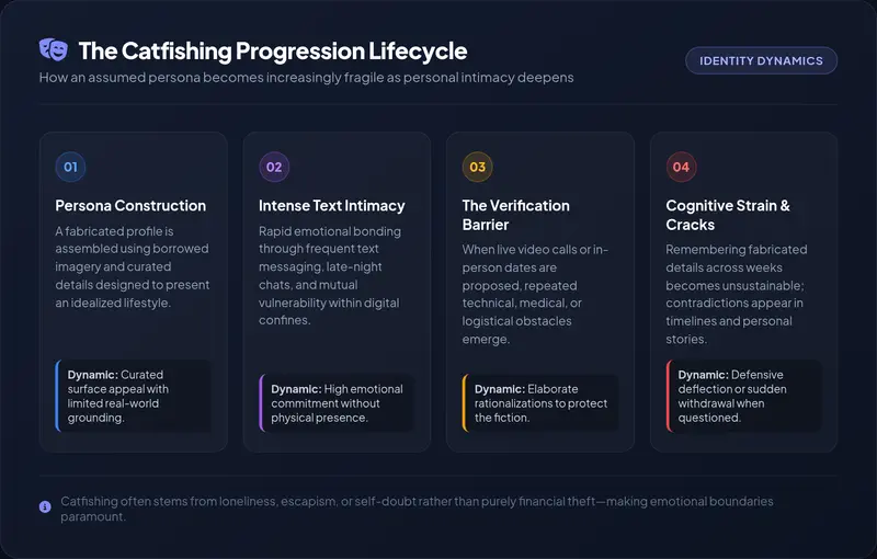 High-resolution editorial timeline detailing the four stages of the catfishing lifecycle: Persona Construction, Intense Text Intimacy, The Verification Barrier, and Cognitive Strain & Cracks