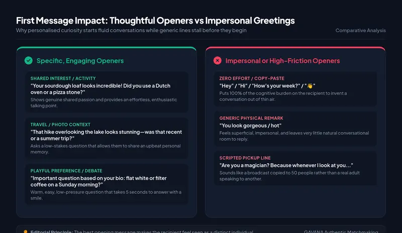 High-resolution comparative matrix showing the impact of specific engaging openers versus impersonal or high-friction messages