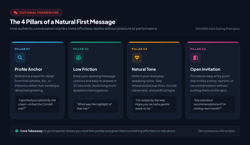 High-resolution editorial infographic illustrating the 4 Pillars of a Natural First Message: Profile Anchor, Low Friction, Natural Tone, and Open Invitation