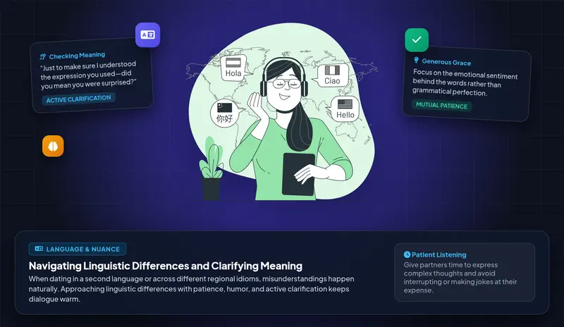 Vector character illustration depicting two adults navigating linguistic nuances with active clarification, patient listening, and generous interpretation panels