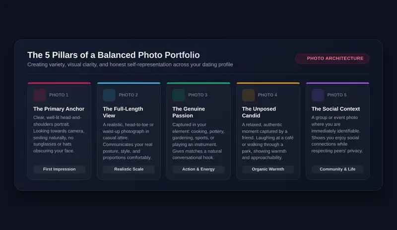 The 5 Pillars of a Balanced Photo Portfolio: Primary Anchor, Full-Length View, Genuine Passion, Unposed Candid, and Social Context