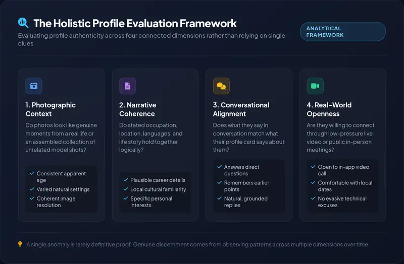 High-resolution infographic outlining the Holistic Profile Evaluation Framework across four dimensions: Photographic Context, Narrative Coherence, Conversational Alignment, and Real-World Openness