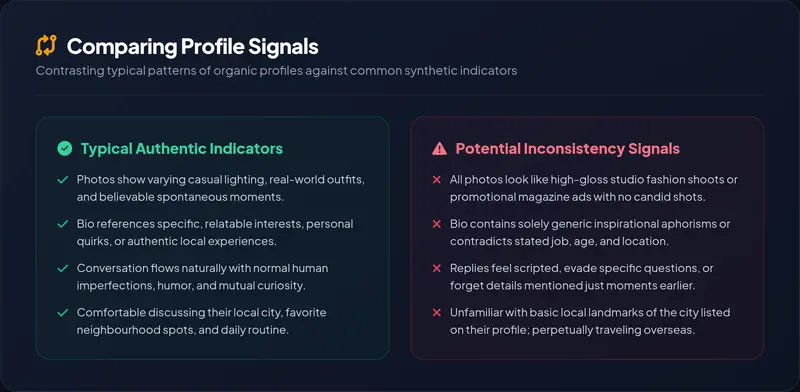 High-resolution comparative infographic detailing typical authentic indicators against potential inconsistency signals