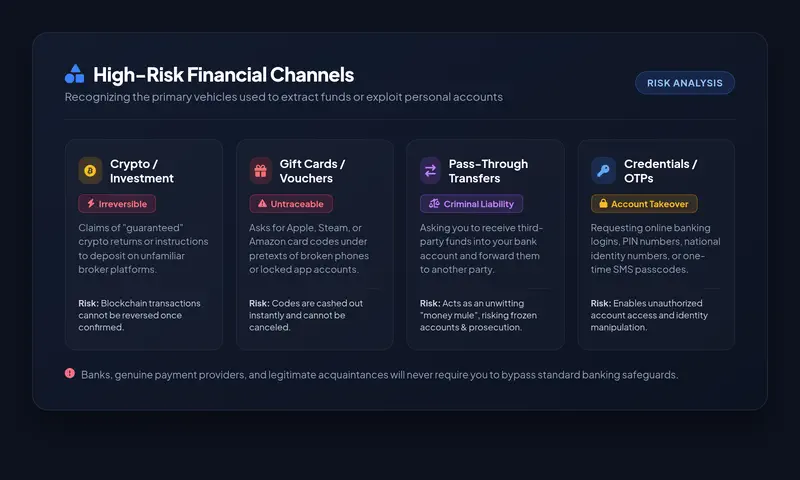 High-resolution comparative infographic detailing High-Risk Financial Channels: Crypto Investments, Gift Cards, Pass-Through Transfers, and Banking Credentials