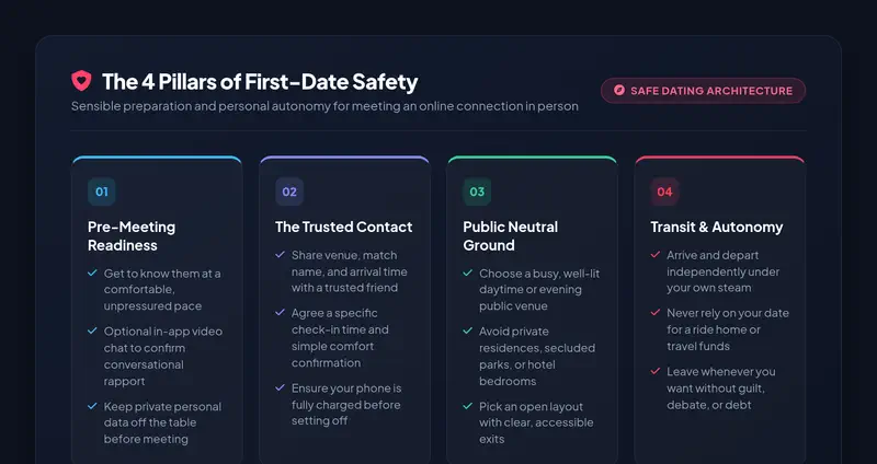 Infographic showing the 4 Pillars of First-Date Safety: Pre-Meeting Readiness, The Trusted Contact, Public Neutral Ground, and Autonomous Transit.