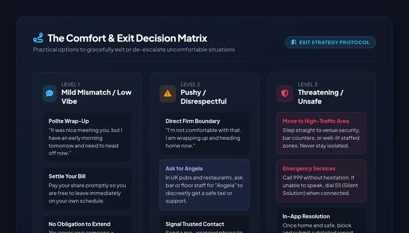 Infographic showing the First Date Comfort and Exit Decision Matrix across 3 levels: Mild Mismatch, Pushy or Disrespectful, and Threatening or Unsafe.
