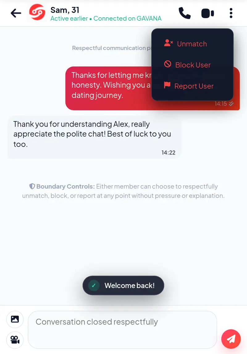 Genuine Amoura chat interface demonstrating boundary controls including Unmatch, Block User, and Report User