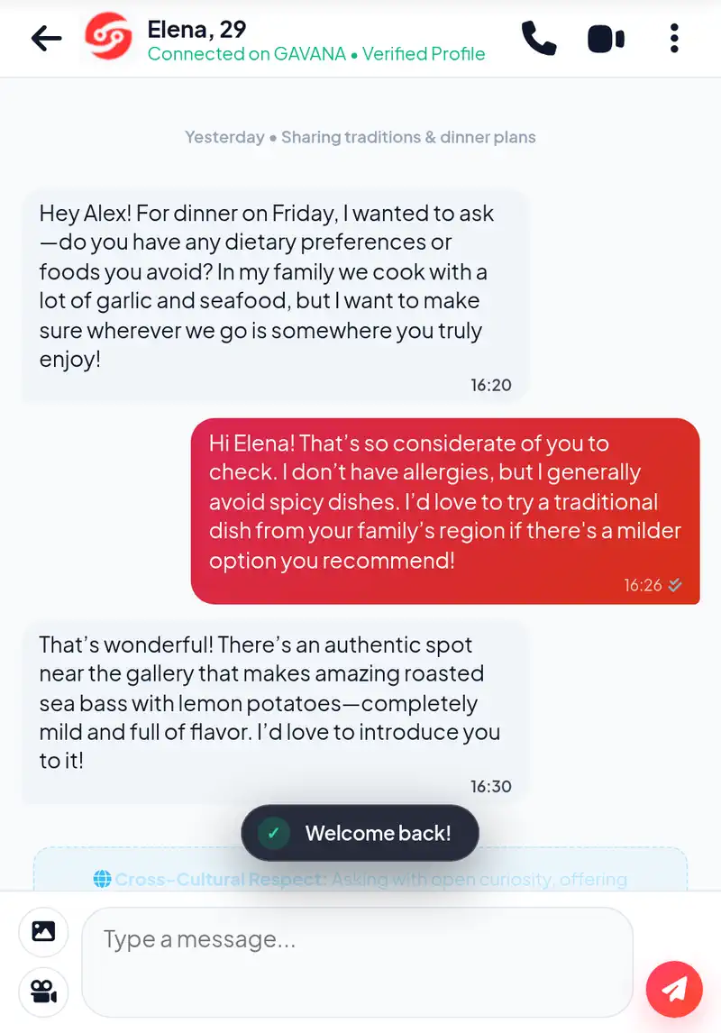 Authentic Amoura chat interface demonstrating considerate check-in regarding culinary traditions and dietary preferences for a dinner date