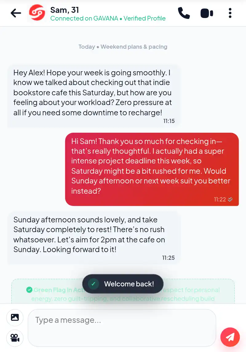 Authentic Amoura messaging interface screenshot demonstrating a respectful weekend check-in, understanding busy workloads, and collaborative rescheduling with zero pressure