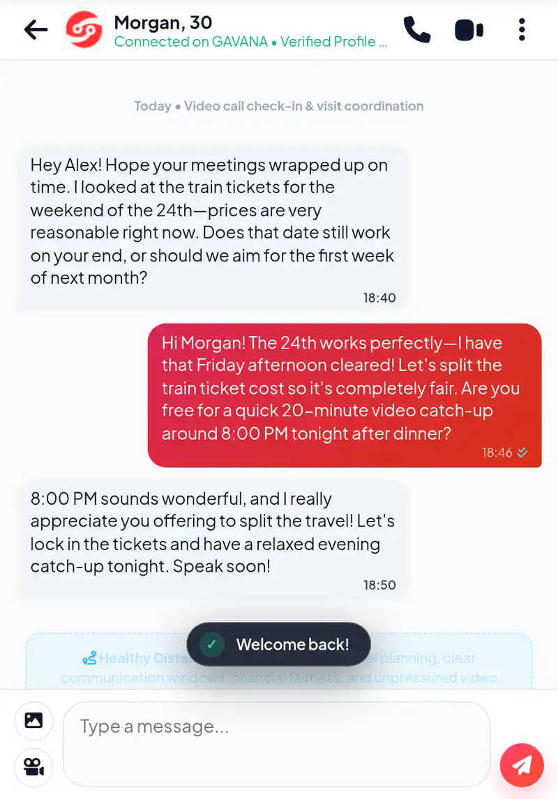 Authentic Amoura messaging interface screenshot demonstrating collaborative travel coordination, splitting train tickets, and scheduling an unpressured evening video catch-up