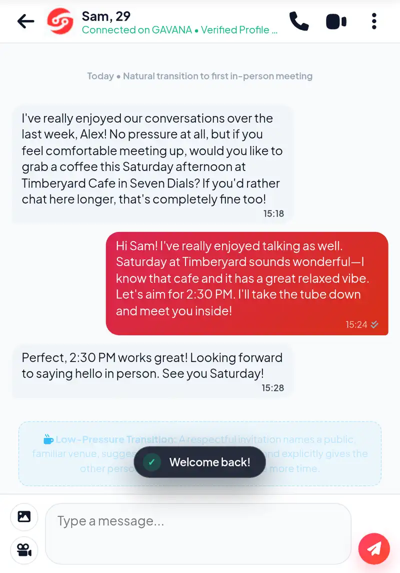 Authentic Amoura chat screenshot displaying a low-pressure invitation to meet for coffee in a public cafe with room to decline or suggest alternatives