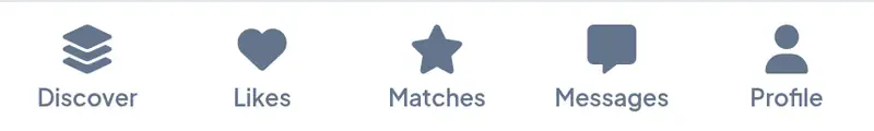 Actual Amoura mobile bottom navigation bar showing Discover, Likes, New Matches, Messages, and Profile tabs