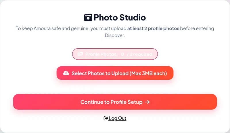 Actual Amoura Photo Studio onboarding interface displaying the 2-photo minimum requirement and upload button