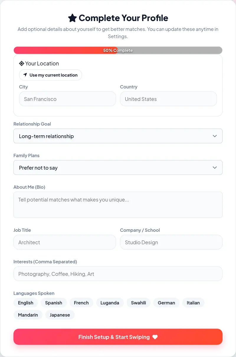 Actual Amoura Profile Setup screen showing location detection, relationship goals, bio textarea, job title, and interests
