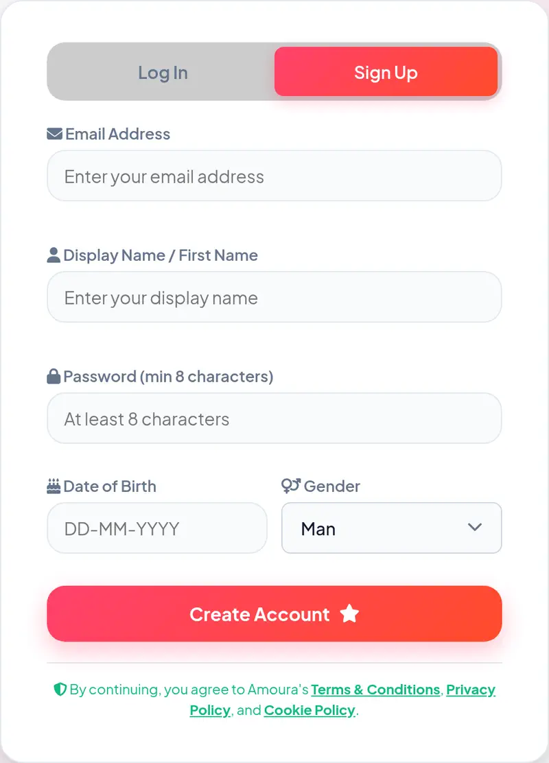 Actual Amoura Sign Up form interface displaying email, display name, password, date of birth, and gender fields