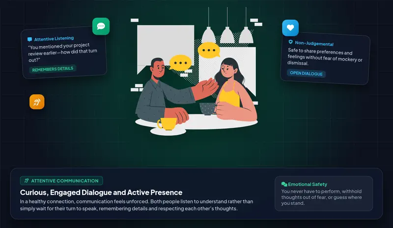 Vector character illustration depicting two adults engaged in attentive, comfortable communication with active listening dialogue panels