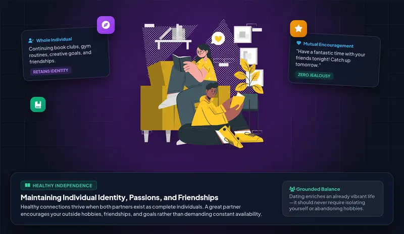 Vector character illustration showing an adult pursuing personal hobbies, reading, and friendships while dating with mutual freedom and encouragement panels