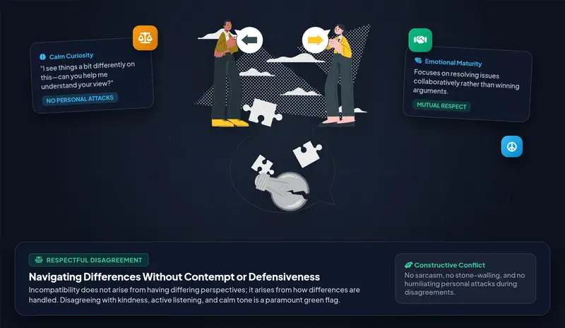 Vector character illustration showing two adults navigating an ideological difference calmly with respectful listening and constructive conflict resolution panels
