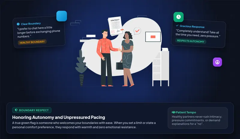Vector character illustration showing two adults communicating a boundary and responding with gracious respect and unpressured understanding