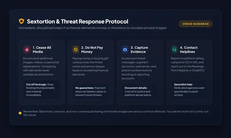 High-resolution editorial illustration showing the 4-step Sextortion & Threat Response Protocol: Cease All Media, Do Not Pay Money, Capture Evidence, and Contact Helplines