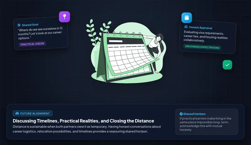 Vector character illustration showing two adults evaluating long-term timelines, career logistics, and practical realities for closing the distance