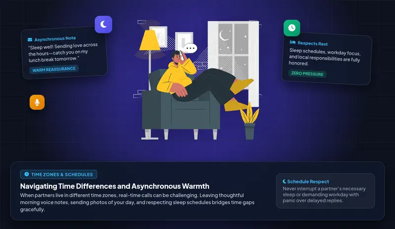 Vector character illustration showing two adults navigating time zone differences with asynchronous warmth, voice notes, and schedule respect panels