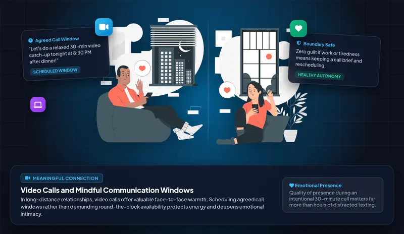Vector character illustration showing two adults connecting over a scheduled video call in comfortable home settings with agreed communication windows panels