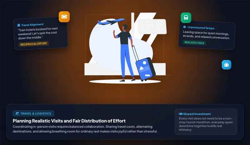 Vector character illustration depicting two adults coordinating visit logistics, train tickets, and shared travel costs with reciprocal effort panels
