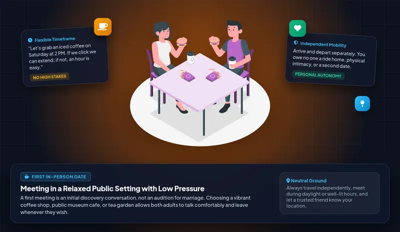Vector character illustration showing two adults meeting for coffee in a relaxed public cafe setting