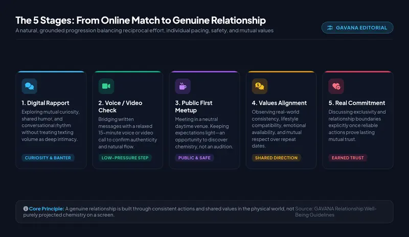 Infographic illustrating the 5 stages from online match to genuine relationship: digital rapport, voice/video check, public first meetup, values alignment, and real commitment