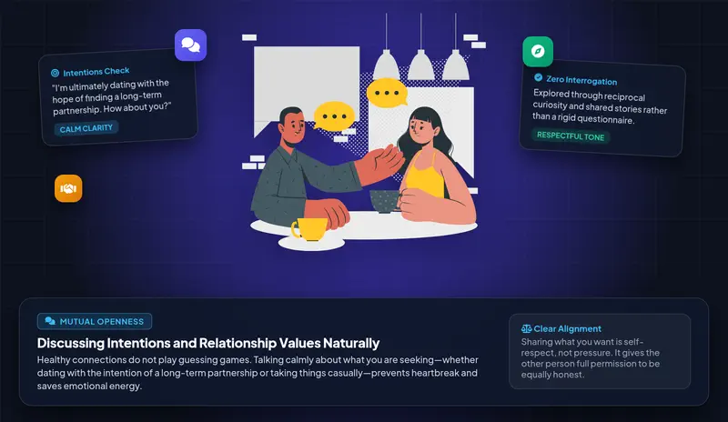 Vector character illustration showing two adults having an honest, comfortable conversation about relationship expectations and values