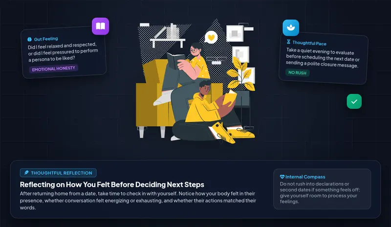 Vector character illustration showing an adult reflecting calmly at home after a date before deciding next steps