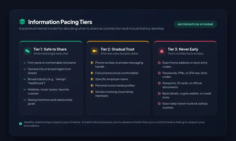 High-resolution editorial illustration detailing Information Pacing Tiers across Safe to Share, Gradual Trust, and Never Early categories