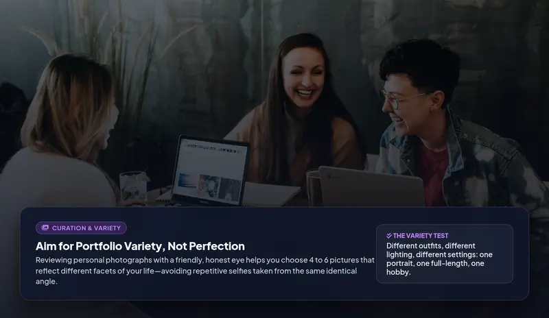 An adult reviewing a selection of personal photographs on a tablet to choose diverse, representative images