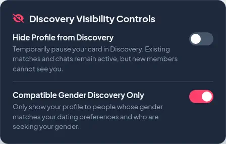 Actual Amoura account visibility controls showing toggles for hiding profile from discovery and compatible gender discovery