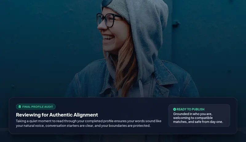 An adult thoughtfully conducting a final review of their dating profile draft and checklist with a relaxed, confident expression
