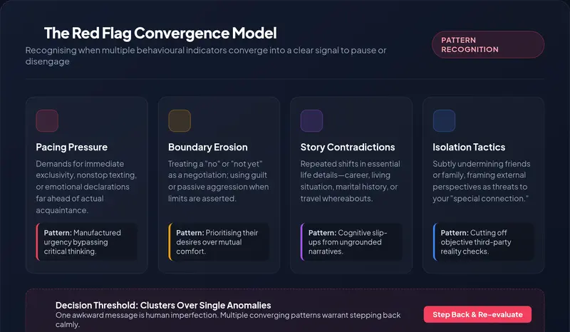 High-resolution editorial infographic illustrating the Red Flag Convergence Model across four signals: pacing pressure, boundary erosion, narrative contradictions, and isolation tactics