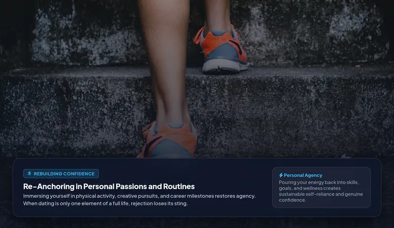 An adult fully immersed in a fulfilling physical outdoor hobby, building self-agency and confidence outside dating apps