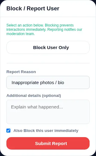 Actual Amoura Block and Report user interface modal showing category dropdown, details input, and the pre-checked Also Block this user checkbox