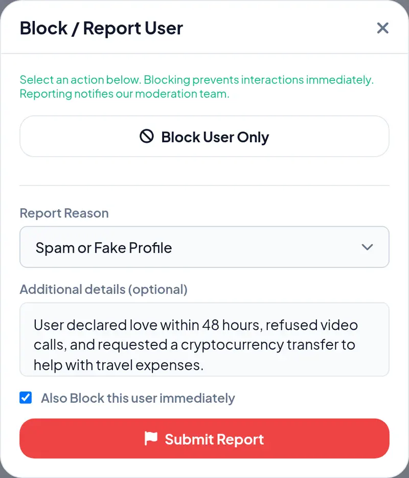 Actual Amoura Block and Report user interface modal configured to report a suspicious scam account
