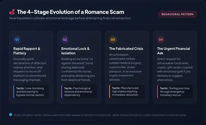 High-resolution editorial timeline detailing the four stages of romance scam progression: rapid rapport, emotional lock, fabricated crisis, and urgent financial request