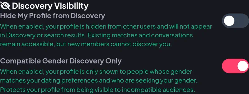 Amoura Discovery Visibility settings showing Hide My Profile from Discovery and Compatible Gender Discovery options