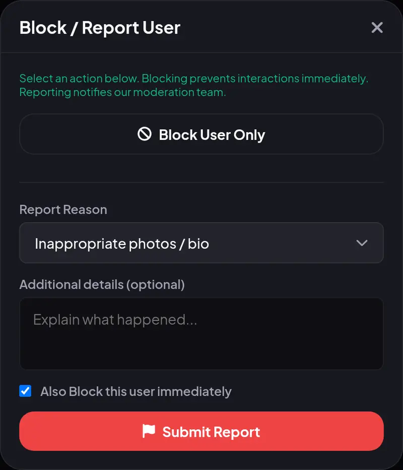 Amoura Block and Report dialog showing category choices and instant block option