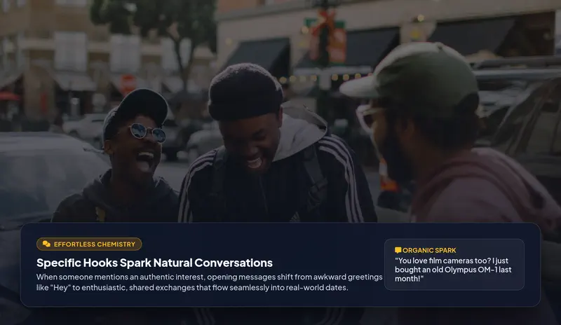 Two adults engaged in an effortless, laughing conversation on a date after connecting over a specific shared interest