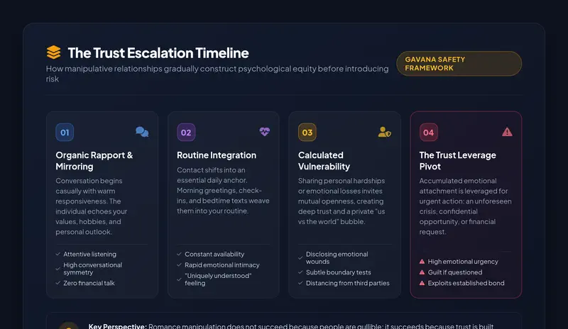 High-resolution editorial illustration showing the four progressive phases of romance scam trust escalation: Organic Rapport, Routine Integration, Calculated Vulnerability, and The Trust Leverage Pivot